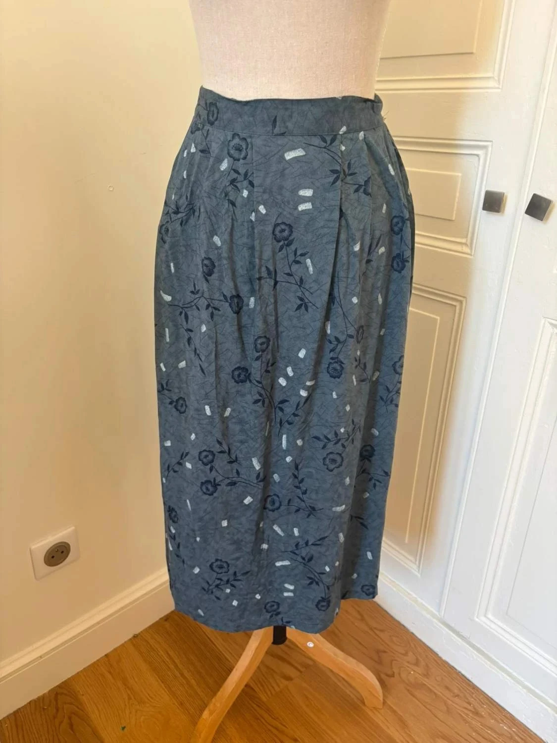 Jupe vintage gris bleu fleurie midi taille élastique fluide rétro bohème Sag Harbor M